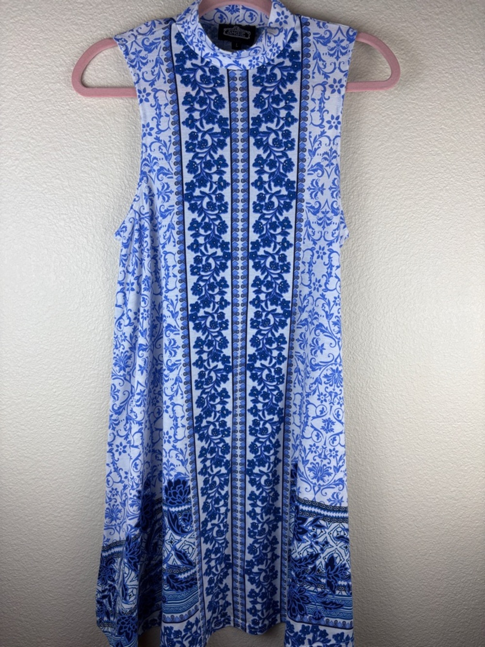 Angie Sleeveless Blue & White Floral Printed Swing Dress Size L